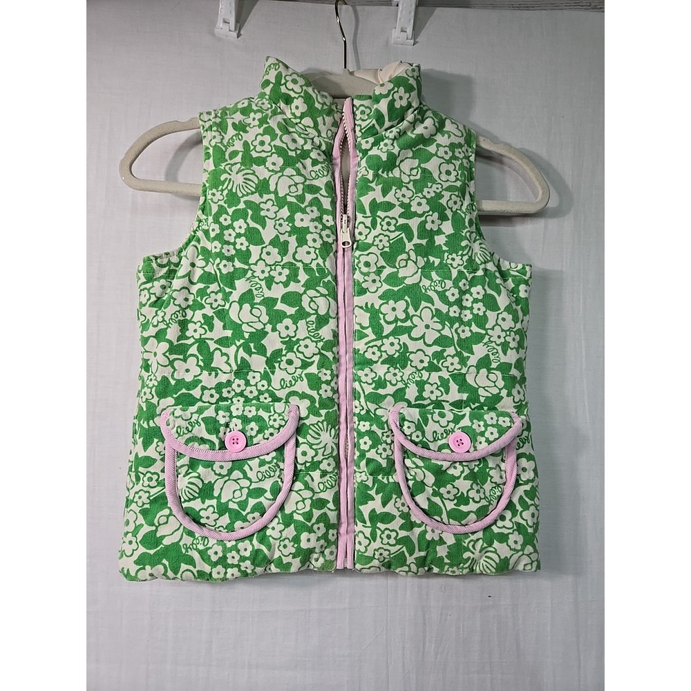 Lilly Pulitzer Corduroy Vest Floral Puffer Down Reversible Green Pink Girls 10
